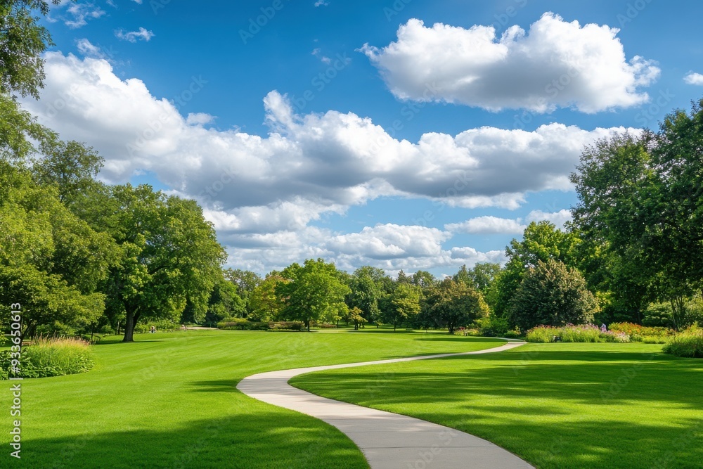 A serene pathway through a lush green park, surrounded by trees and vibrant clouds in a clear blue sky. A serene pathway through a lush green park, surrounded by trees and vibrant clouds in a clear blue sky.