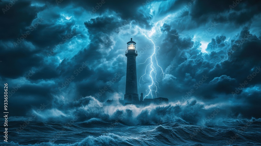 Dramatic Storm Clouds with Lightning Bolts near a Lighthouse as Nature's Power Unleashed Dramatic Storm Clouds with Lightning Bolts near a Lighthouse as Nature's Power Unleashed