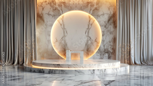 Elegant marble stage design with glowing circle backdrop and draped curtains photo