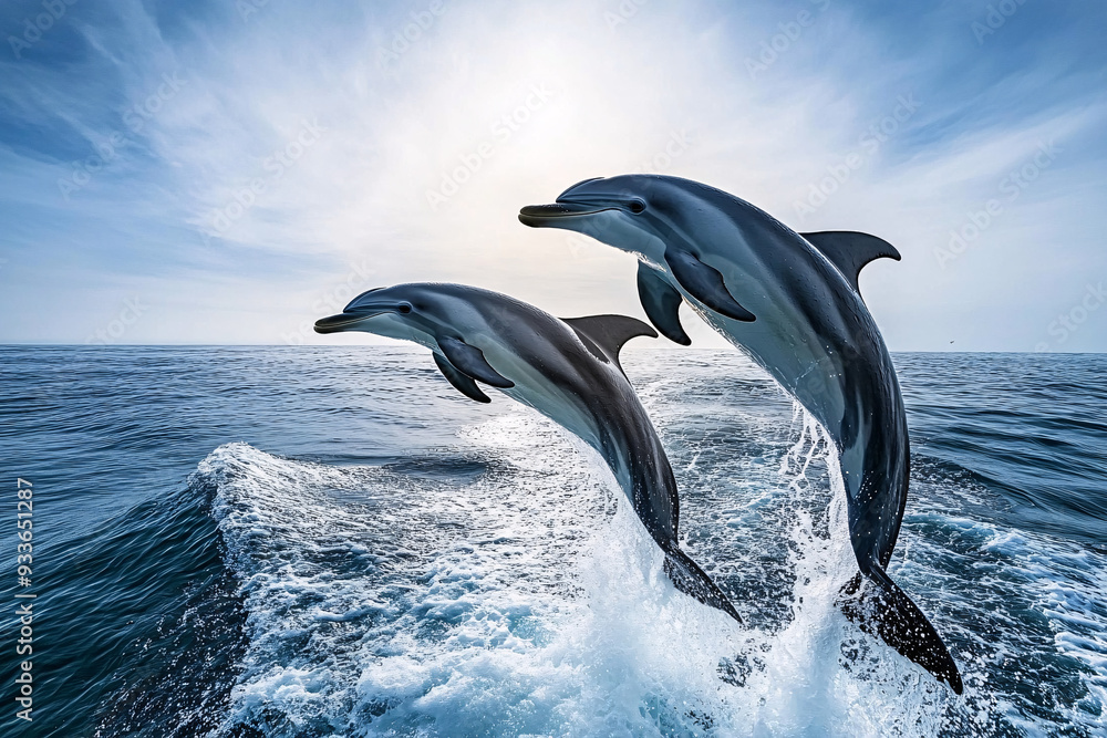 Two Dolphins Jumping Out of the Ocean Water Two Dolphins Jumping Out of the Ocean Water