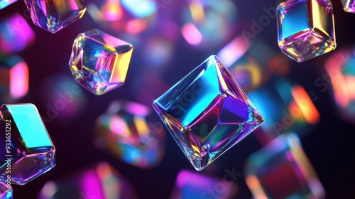 Floating colorful crystal cubes create mesmerizing visual effect with vibrant reflections and refractions. scene evokes sense of wonder and creativity. 