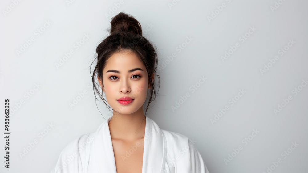 A beautiful young Japanese woman with luminous, healthy skin, styled in a casual updo, and exuding natural beauty against a neutral background. A beautiful young Japanese woman with luminous, healthy skin, styled in a casual updo, and exuding natural beauty against a neutral background.