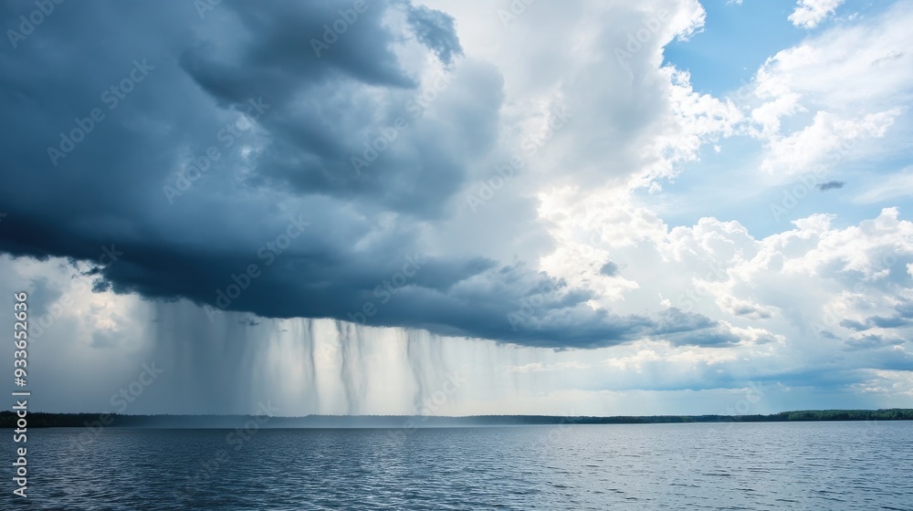 Dramatic sky over calm water with rain cascading from dark clouds, capturing nature's beauty and serenity. Dramatic sky over calm water with rain cascading from dark clouds, capturing nature's beauty and serenity.