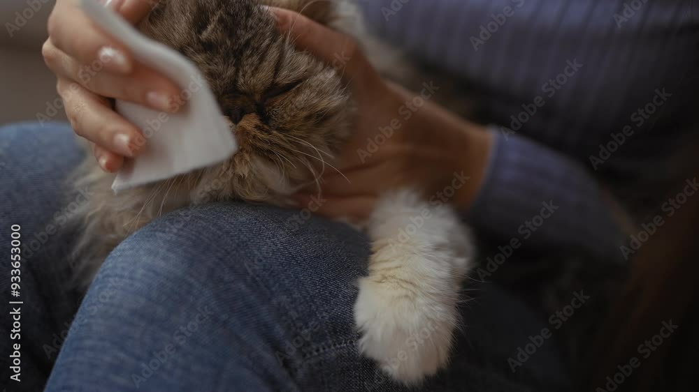 A woman gently cleans her cat's face with a tissue, both seated in a cozy living room, emphasizing the bond between pet and owner in a comfortable home environment. A woman gently cleans her cat's face with a tissue, both seated in a cozy living room, emphasizing the bond between pet and owner in a comfortable home environment.