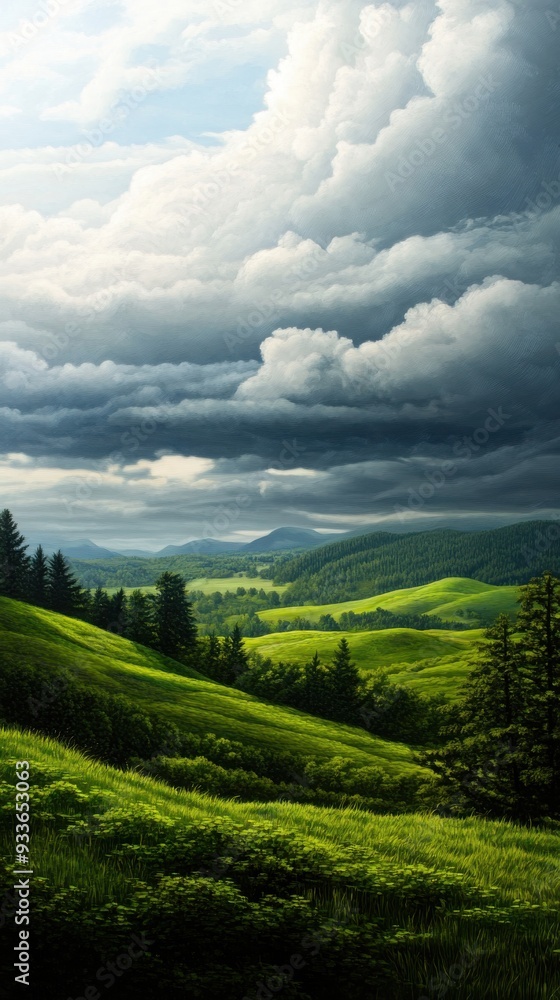 Naklejka premium Serene landscape featuring lush green hills under a dramatic sky, perfect for nature enthusiasts and outdoor lovers.