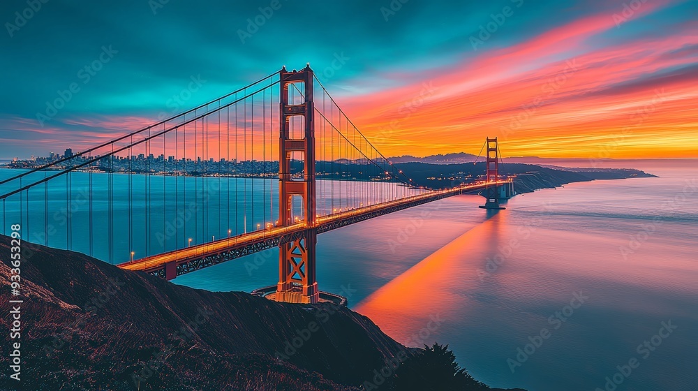 Fototapeta premium 9. The Golden Gate Bridge in San Francisco, USA, glowing with orange and teal patterns at dusk. The bridge spans across a serene bay. Cinematic, fantasy style