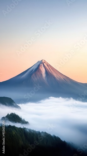 Stunning mountain peak rising above a sea of clouds at sunrise, creating a breathtaking natural landscape scene.