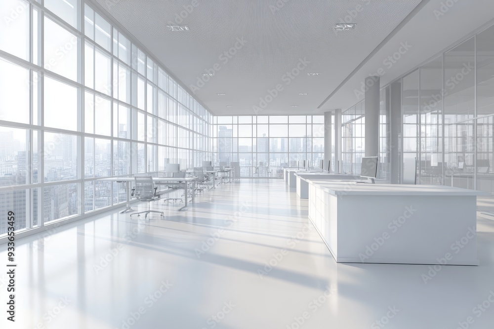 Fototapeta premium An office with multiple workstations, natural light, and a city view outside. Conceptual illustration of a business workplace.