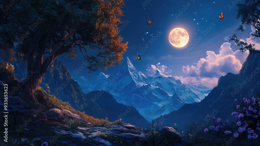 Obraz premium Enchanting moonrise over a peaceful mountain range, with ancient trees and delicate butterflies creating a dreamy atmosphere