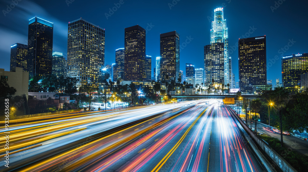 Fototapeta premium A bustling cityscape featuring illuminated skyscrapers and blurred highway lights, captured at night, conveying the energy and dynamism of urban life.