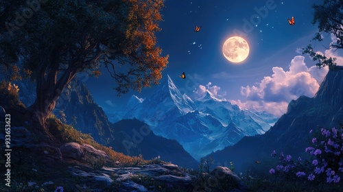 Enchanting moonrise over a peaceful mountain range, with ancient trees and delicate butterflies creating a dreamy atmosphere