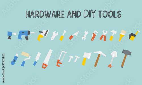 Hardware and diy tools utensils cartoon doodle vector separated on teal background