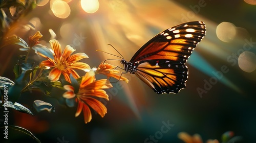 A stunning macro photograph captures a butterfly hovering above a flower, bathed in a play of light and shadow. The vibrant colors and intricate details make it a captivating piece of art.