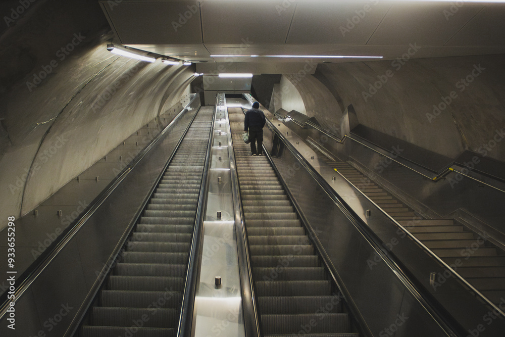 Obraz premium Wide angle photograph of a lone man ascending an empty escalator in an underground subway during the early morning hours.