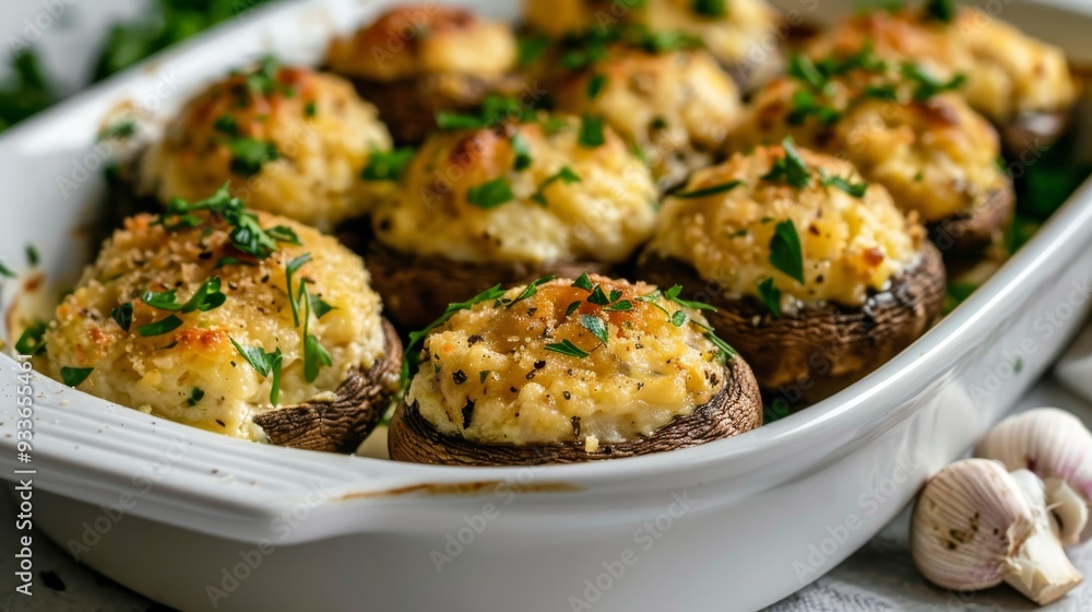 Close-Up Stuffed Mushrooms with Herbs in a White Baking Dish, Appetizer Food Photography Close-Up Stuffed Mushrooms with Herbs in a White Baking Dish, Appetizer Food Photography