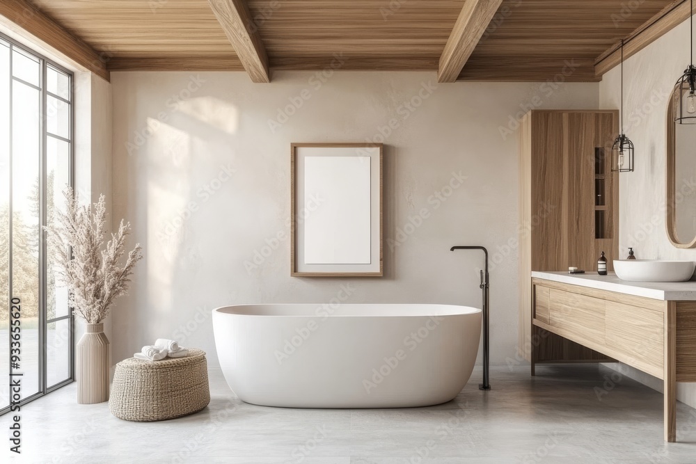 Three-dimensional rendering of a modern bathroom with a blank canvas on the wall. Three-dimensional rendering of a modern bathroom with a blank canvas on the wall.