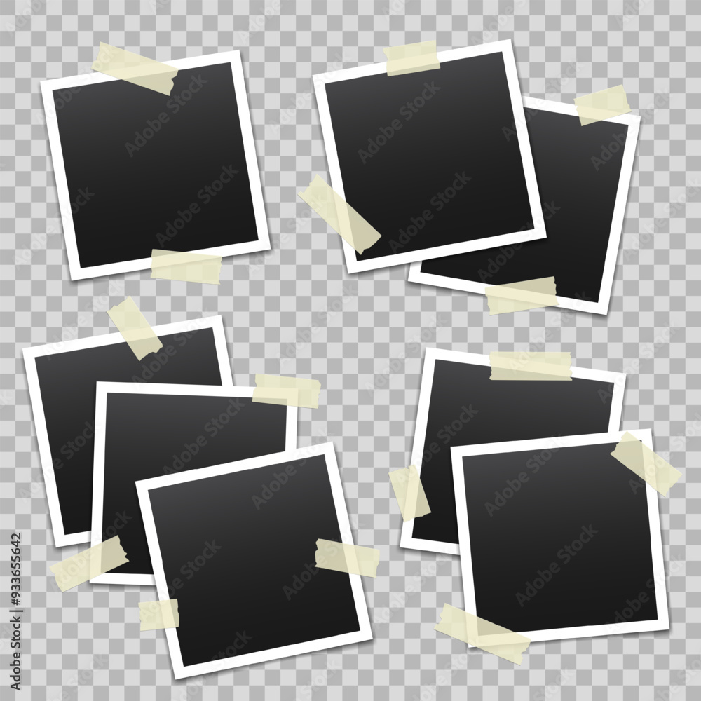Vector blank photo frames with transparent adhesive tape isolated on transparent background. Template mockup photo design. Torn pieces of masking tape. Vector blank photo frames with transparent adhesive tape isolated on transparent background. Template mockup photo design. Torn pieces of masking tape.