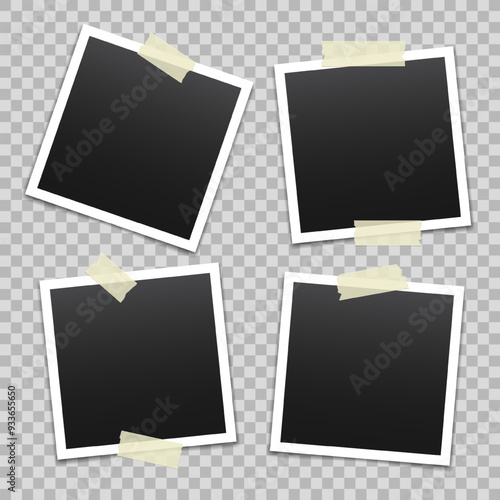 Vector blank photo frames with transparent adhesive tape isolated on transparent background. Template mockup photo design. Torn pieces of masking tape.