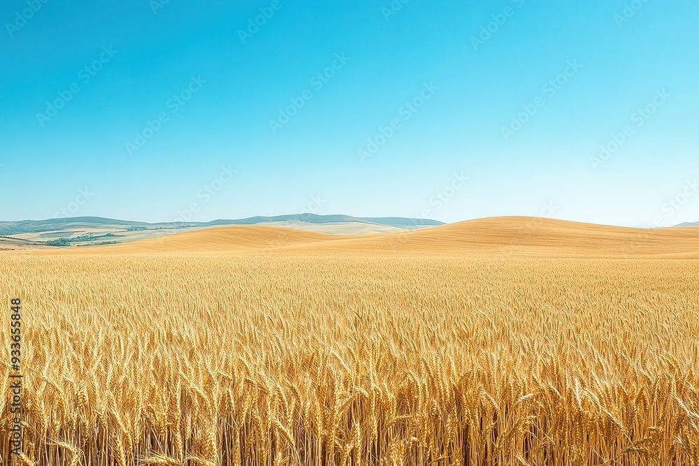 Golden wheat field under clear blue sky, hills in distance Golden wheat field under clear blue sky, hills in distance