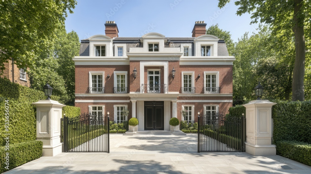 A large brick house showcases white double doors and an open gate leading to a beautifully landscaped front yard in London A large brick house showcases white double doors and an open gate leading to a beautifully landscaped front yard in London