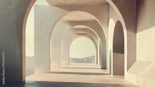 A serene architectural space with soft light filtering through arches, creating tranquil atmosphere. scene evokes sense of calm and contemplation. 