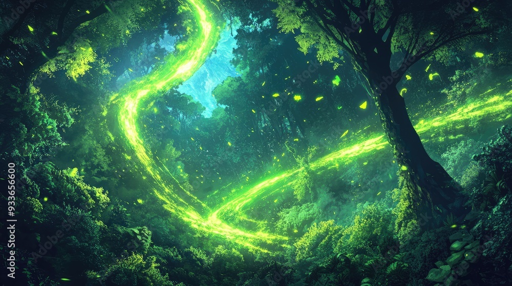 Fototapeta premium Radiant neon trails slicing through a dense forest canopy, illuminating the vibrant greenery below