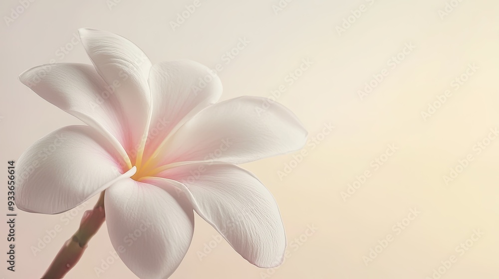 Fototapeta premium Elegant close-up of a frangipani flower against a clean background, showcasing its delicate petals and tropical beauty with simple, refined aesthetics.