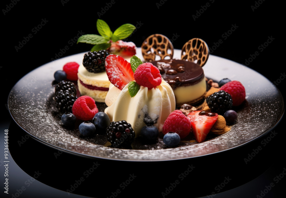 A beautifully arranged plate filled with an assortment of delicious desserts, garnished with fresh berries and a light dusting of powdered sugar for an exquisite touch A beautifully arranged plate filled with an assortment of delicious desserts, garnished with fresh berries and a light dusting of powdered sugar for an exquisite touch