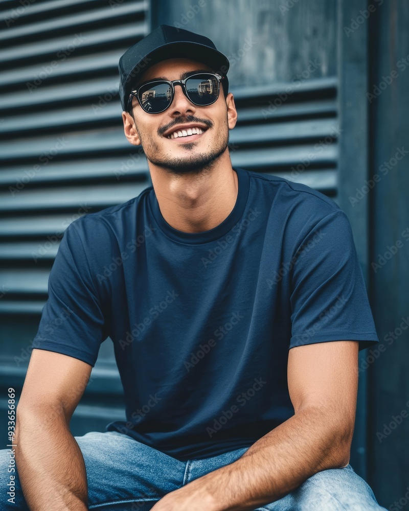 A young attractive man sitting with wearing a blank mockup t-shirt, sunglasses, and a black cap, A young attractive man sitting with wearing a blank mockup t-shirt, sunglasses, and a black cap,