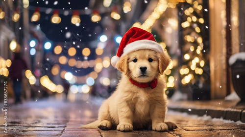 Fototapeta Naklejka Na Ścianę i Meble -  Cute little puppy with Santa hat on the street with the festive witner hliday bokeh lights in the background. Christmas and New Year concept.