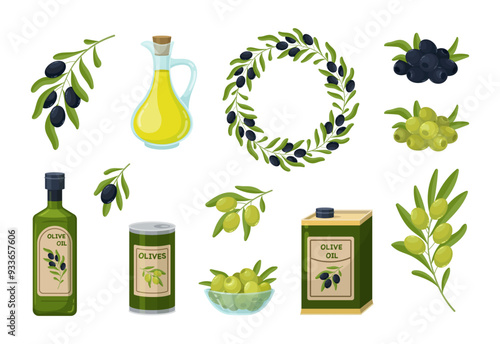 Vector set of black and green olives. Olive tree branches, wreath of olive branches, glass bottle with olive oil, bowl with olives and metal can. Healthy food vector illustration.