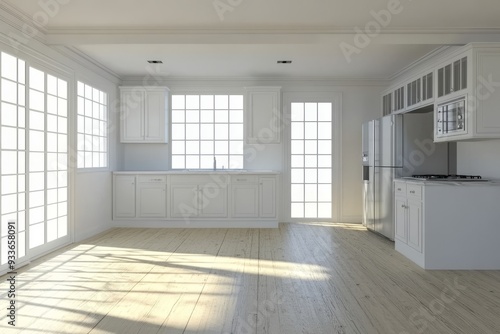 The modern kitchen of a white home is surrounded by a cooking cabinet and kitchenware