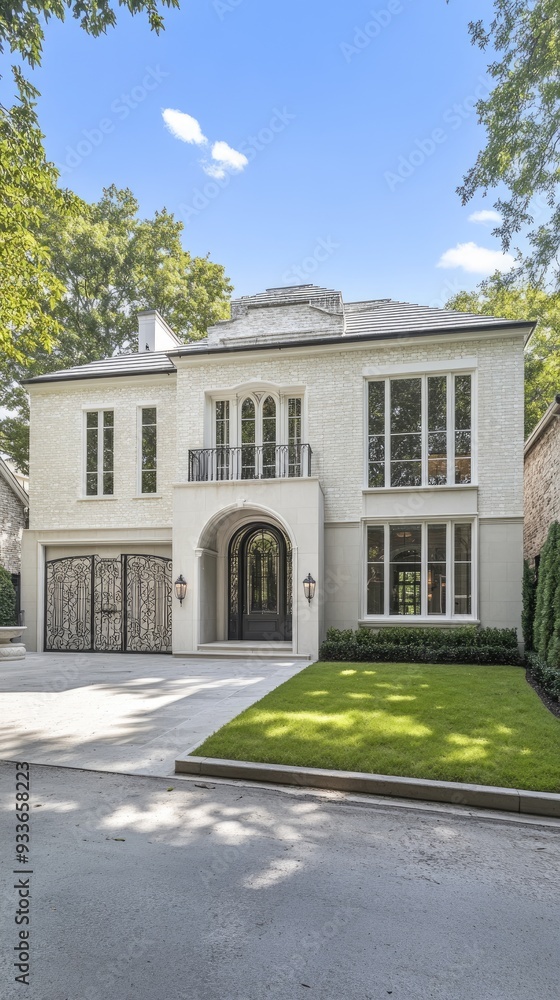 A large brick house showcases white double doors and an open gate leading to a beautifully landscaped front yard in London. A large brick house showcases white double doors and an open gate leading to a beautifully landscaped front yard in London.