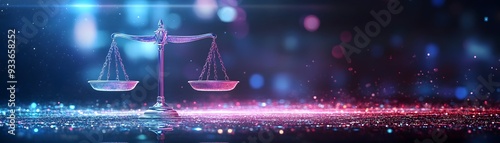 Futuristic Holographic Justice Scales Concept with Neon Glow on Abstract Background