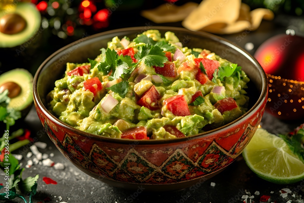 Guacamole dip in a bowl with red and green decorations Guacamole dip in a bowl with red and green decorations