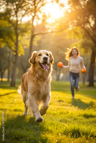 a golden retriever playing fetch with its owner in te park