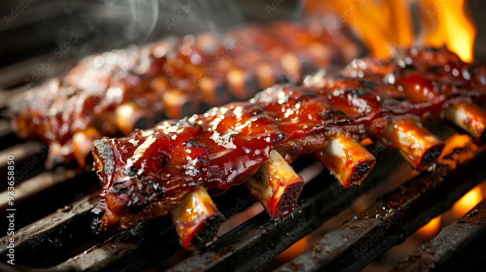 Juicy pork ribs on the grill, covered in a shiny barbecue sauce glaze, with an appetizing crust. Smoke and fire enhance the grilling atmosphere Juicy pork ribs on the grill, covered in a shiny barbecue sauce glaze, with an appetizing crust. Smoke and fire enhance the grilling atmosphere