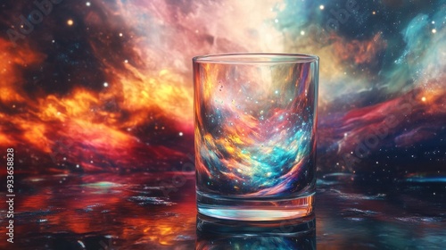 Transparent glass of knowledge with colorful, swirling energy inside, set against an abstract, cosmic background