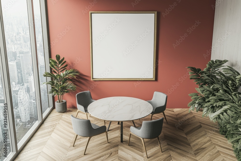 The blank poster mockup is shown on a white wall in a modern dining room as a 3D rendering. The blank poster mockup is shown on a white wall in a modern dining room as a 3D rendering.