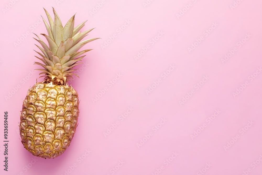 Gold Pineapple on a pink background, top view, copy space. Summer background concept with generative ai Gold Pineapple on a pink background, top view, copy space. Summer background concept with generative ai