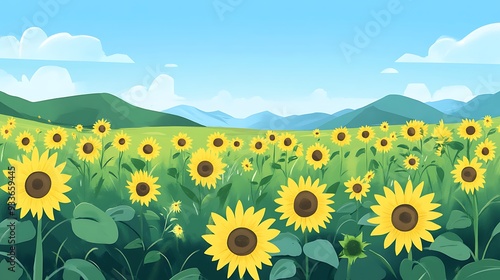 Serene Sunflower Field - Vector Illustration with Hand-Drawn Texture and Blue Sky, Minimalistic Flat Design in Soft Colors