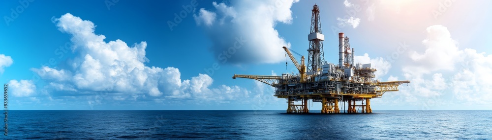 A stunning offshore oil rig placed against a clear blue sky, surrounded by calm ocean waters, capturing the essence of energy production. A stunning offshore oil rig placed against a clear blue sky, surrounded by calm ocean waters, capturing the essence of energy production.