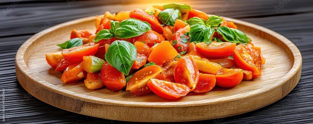 Italian stir-fry with fresh tomatoes and basil on a wooden plate, captured in golden hour lighting, with sun rays filtering through, Realism, Warm tones Italian stir-fry with fresh tomatoes and basil on a wooden plate, captured in golden hour lighting, with sun rays filtering through, Realism, Warm tones