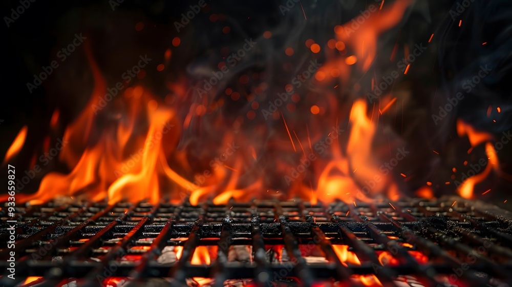 Barbecue Grill With Fire Flames - Empty Fire Grid On Black Background. Barbecue Grill With Fire Flames - Empty Fire Grid On Black Background.