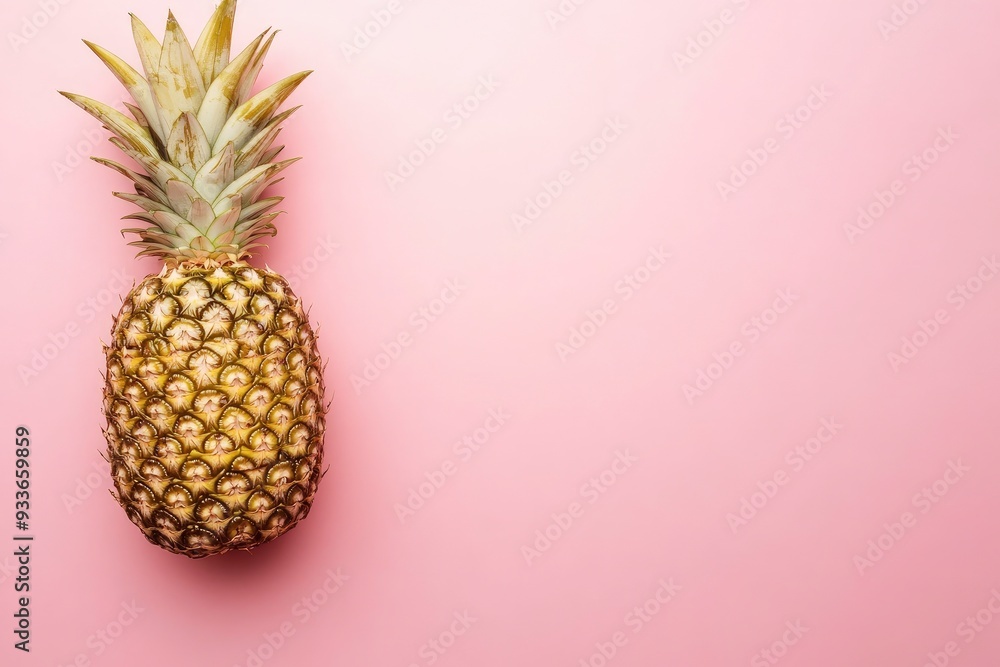 Gold Pineapple on a pink background, top view, copy space. Summer background concept with generative ai Gold Pineapple on a pink background, top view, copy space. Summer background concept with generative ai