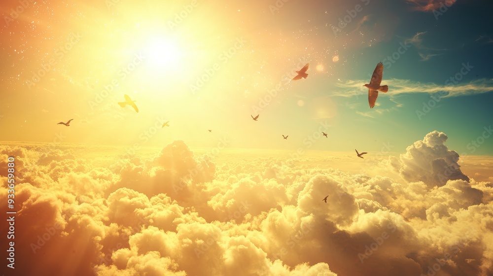 Naklejka premium A breathtaking sunset illuminates sky, with birds soaring gracefully among clouds, evoking sense of freedom and tranquility. 