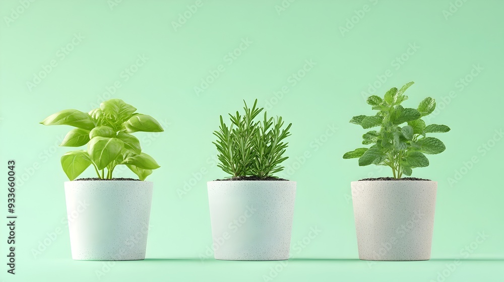 Fototapeta premium Organic Herb Garden Potted Plants in Modern Minimalist Arrangement