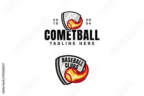 fiery baseball like a comet or meteor with an iron shield logo design collection with modern, label and emblem style for baseball sport club, tournament, t-shirt and merchandise designs