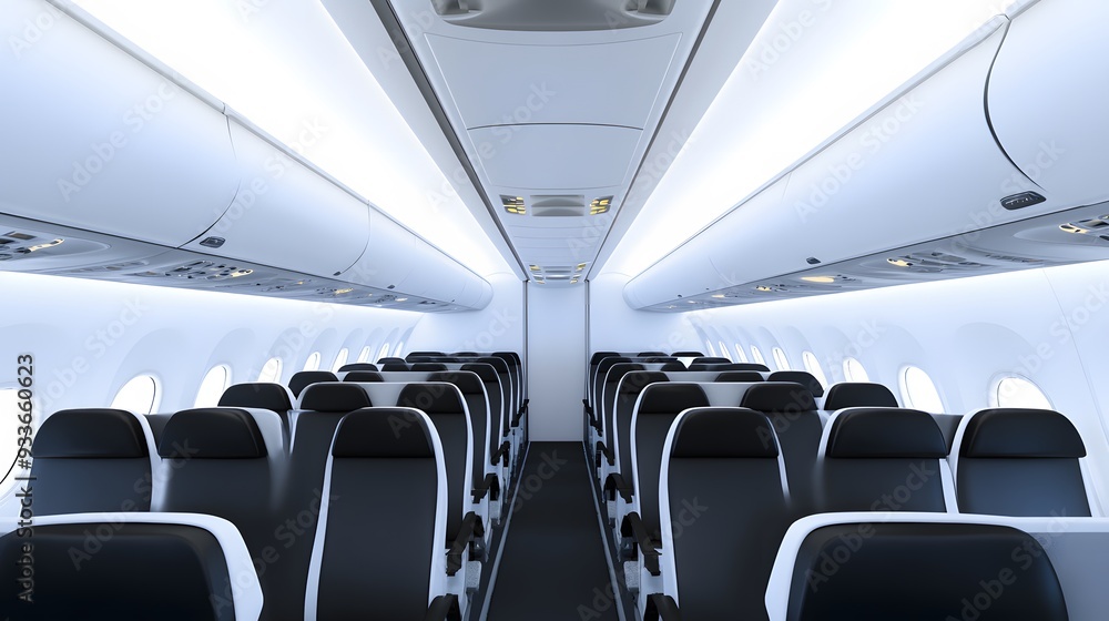 Fototapeta premium Empty airplane cabin with rows of black and white seats.