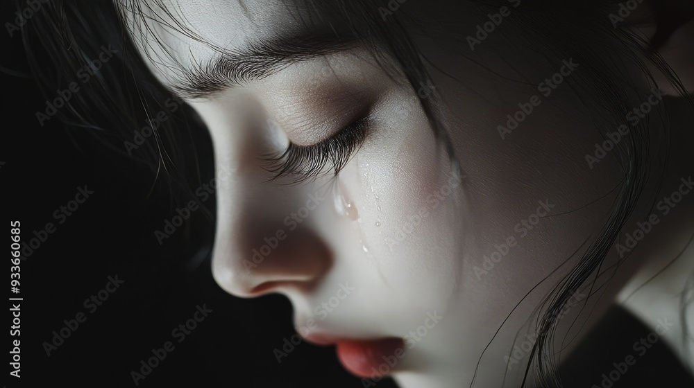 Elegant image of a single tear streaming down a cheek in a minimalist style, emphasizing the subtle emotion and purity of the moment. Elegant image of a single tear streaming down a cheek in a minimalist style, emphasizing the subtle emotion and purity of the moment.